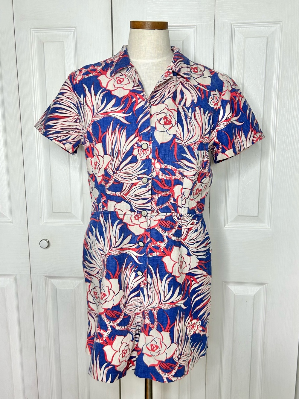 J. Crew floral linen blend short sleeve, button front romper, with pockets!